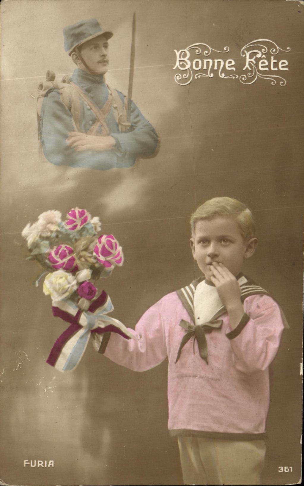 CPA Fantaisie Fleurs Enfant Soldat Militaria
