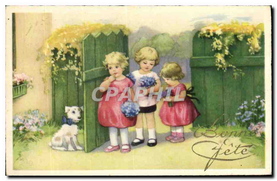 CPA Fantaisie Fleurs Enfants Chien