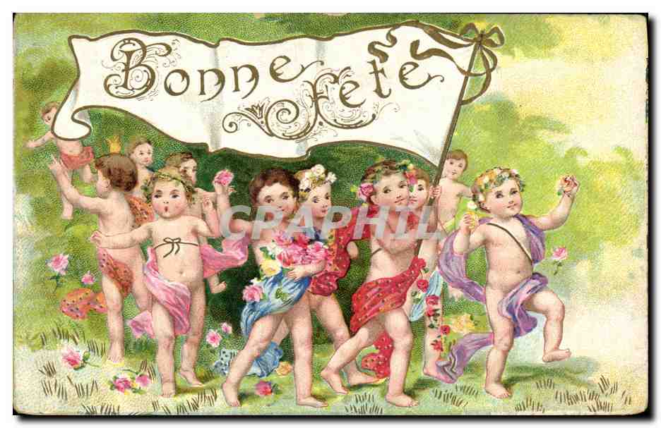 CPA Fantaisie Fleurs Enfants nus Bonne fete Anges