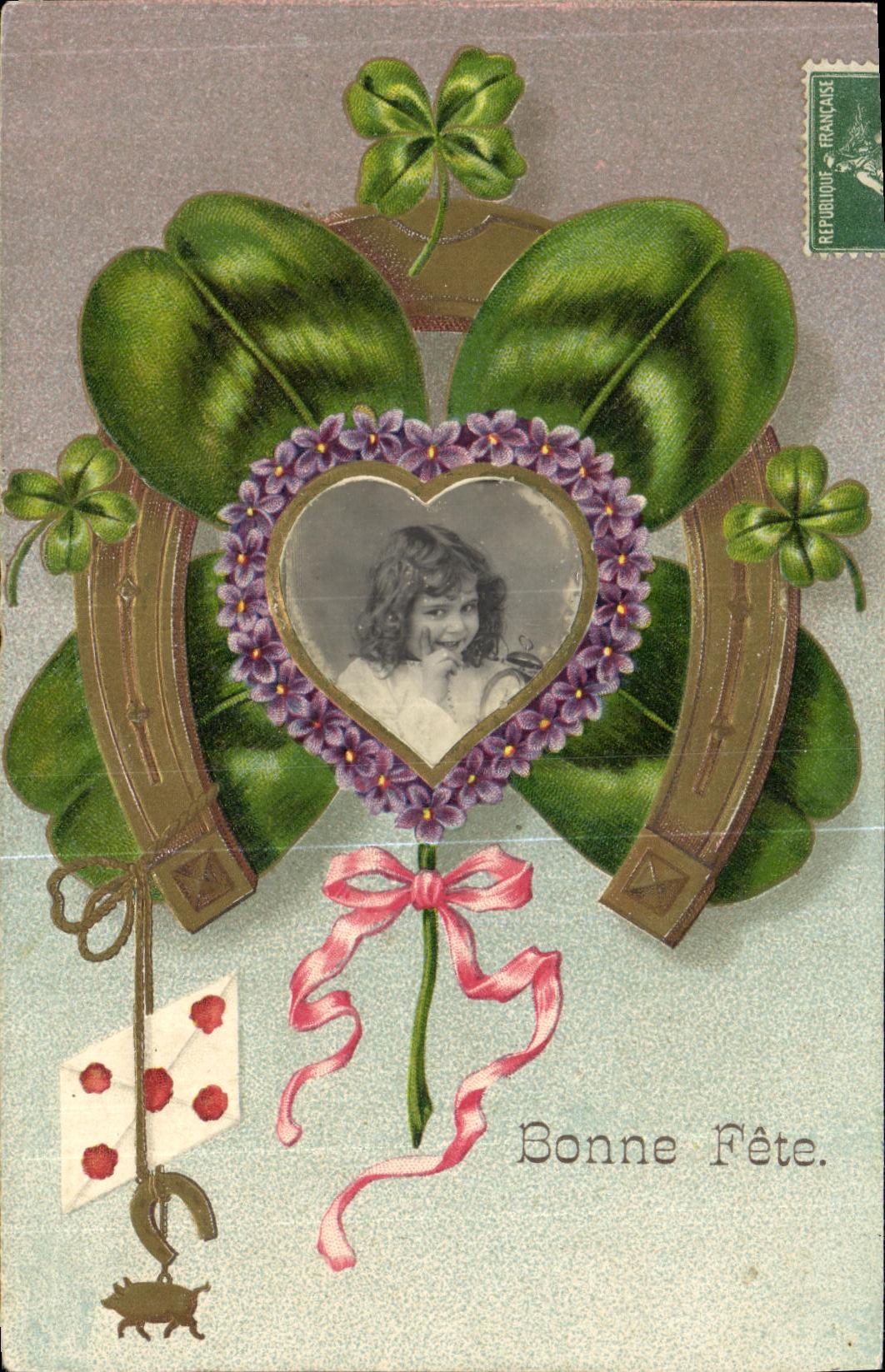 CPA Fantaisie Fleurs Enfant Trefle Fer a cheval Cochon