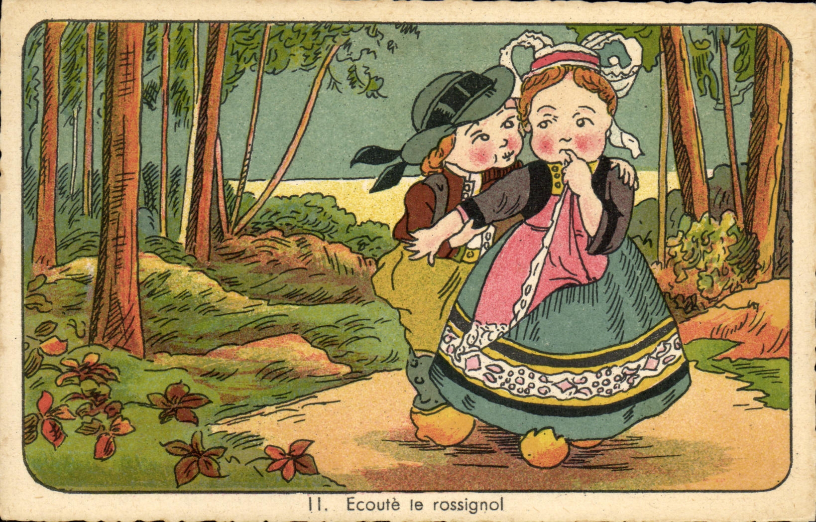 CPA Fantaisie Ecoutele rossignol Bretagne Enfants Folklore 
