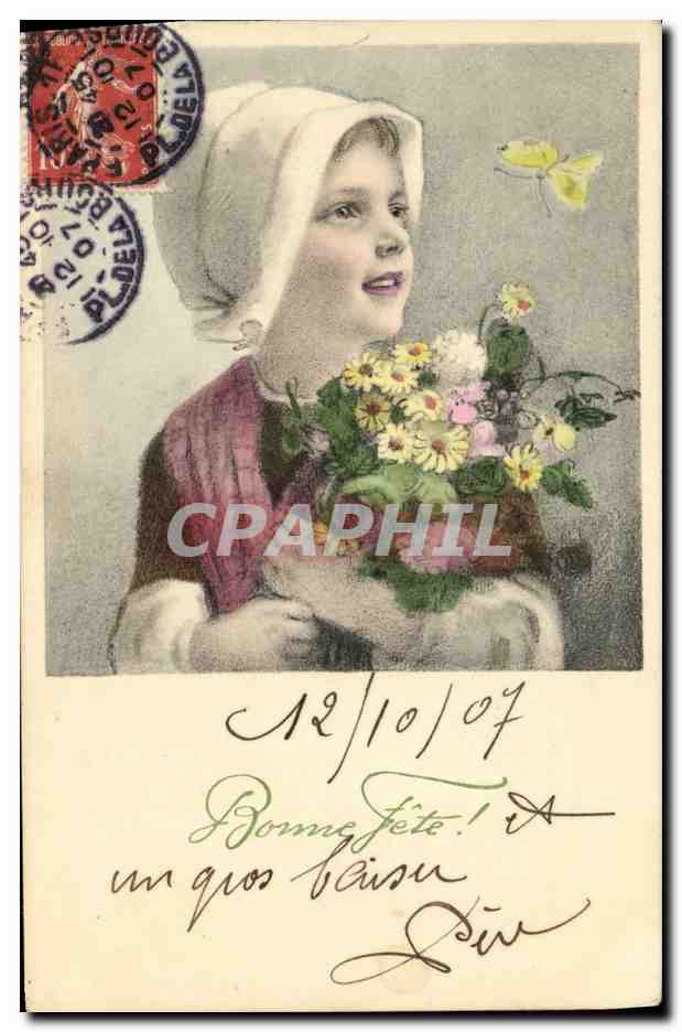 CPA Fantaisie Fleurs Enfant Papillon