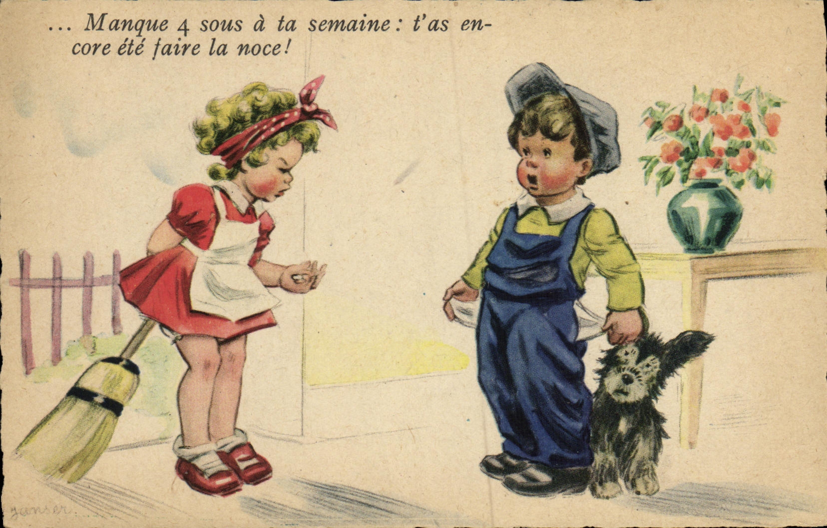 CPA Fantaisie Enfants Chien Manque 4 sous a ta semaine 
