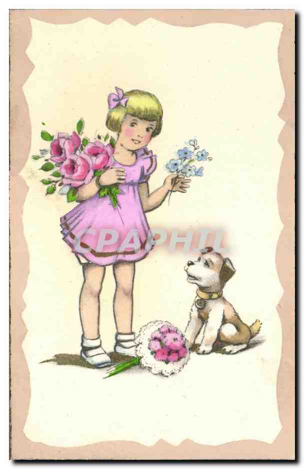 CPA Fantaisie Fleurs Enfant Chien 