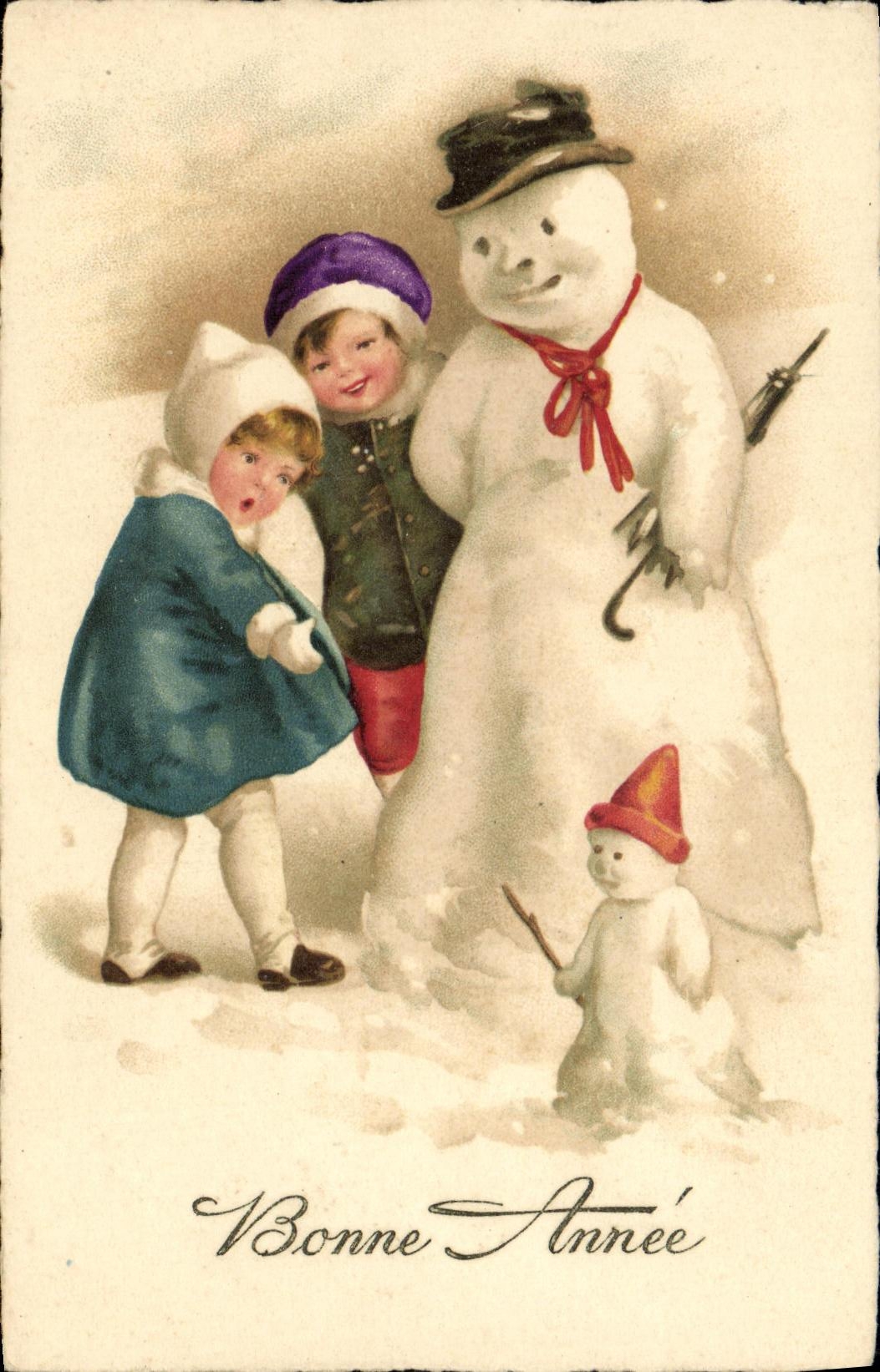 CPA Fantaisie Enfants bonhomme de Neige Bonne annee