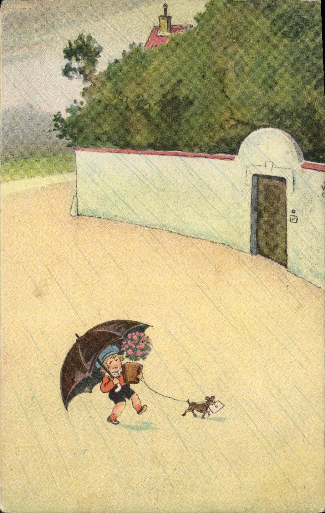 CPA Fantaisie Humour Enfant sous la pluie Parapluie Chien 