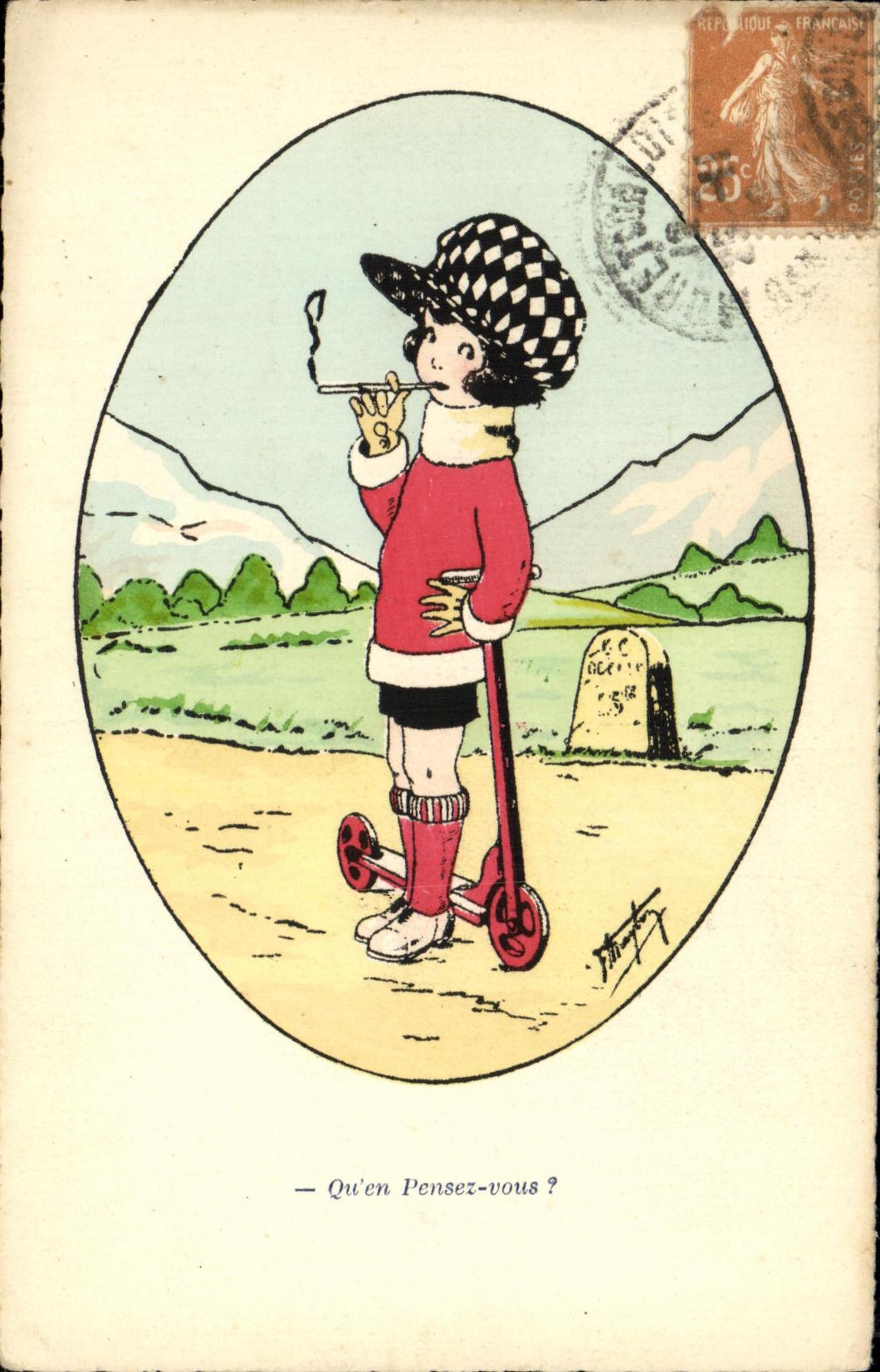 CPA Fantaisie Enfant Trotinette Cigartte