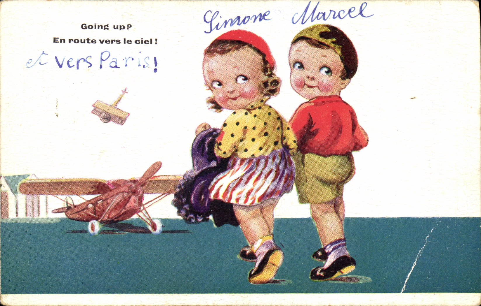 CPA Fantaisie Enfants Avion Vers PAris 