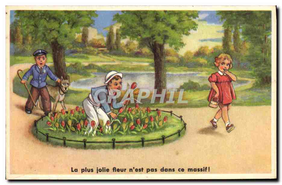 CPA Fantaisie Fleurs Enfants Chien 