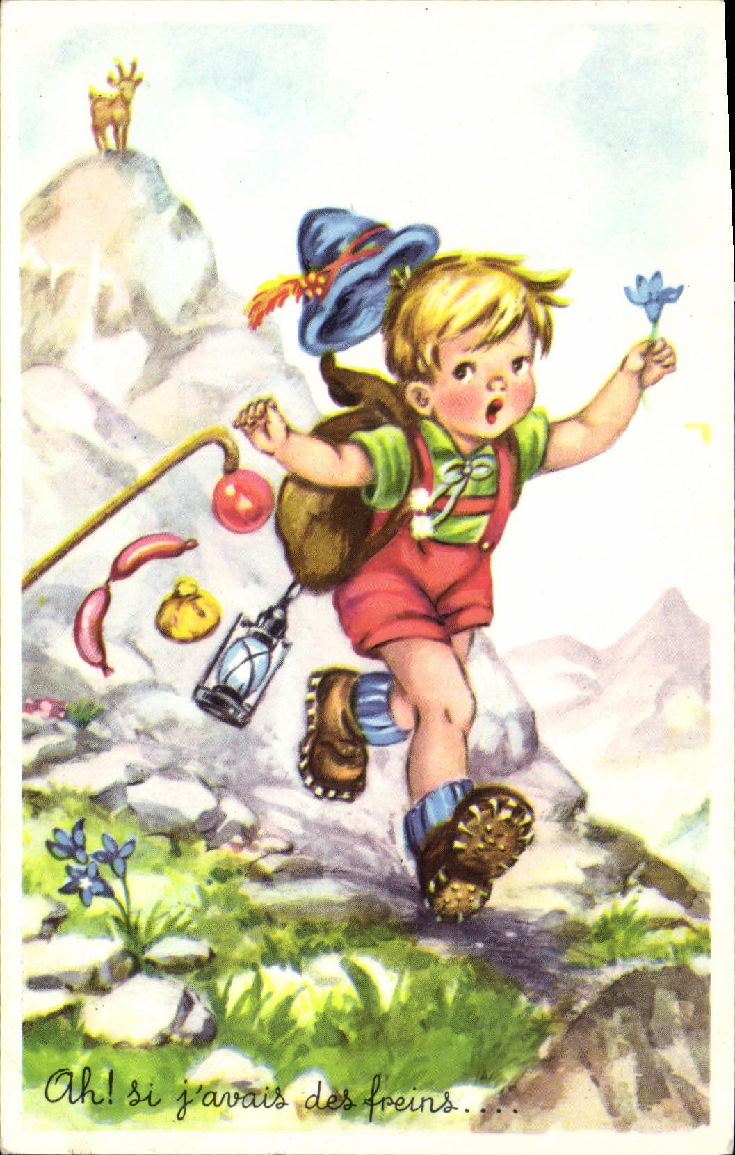 CPA Fantaisie Enfants Ah si j avais des fleurs Alpinisme Chevre 