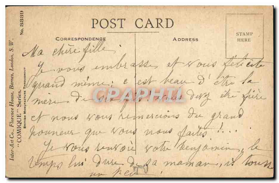 CPA Fantaisie Enfant Just borned a girl  — Verso
