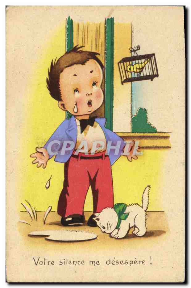 CPA Fantaisie Enfant Chat Oiseau