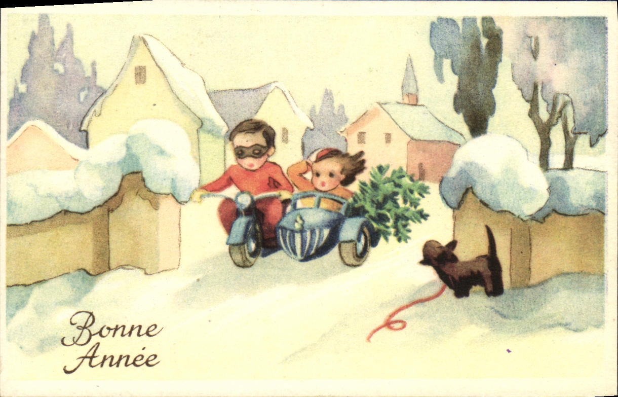 CPA Fantaisie Enfants Moto Side car Chien 