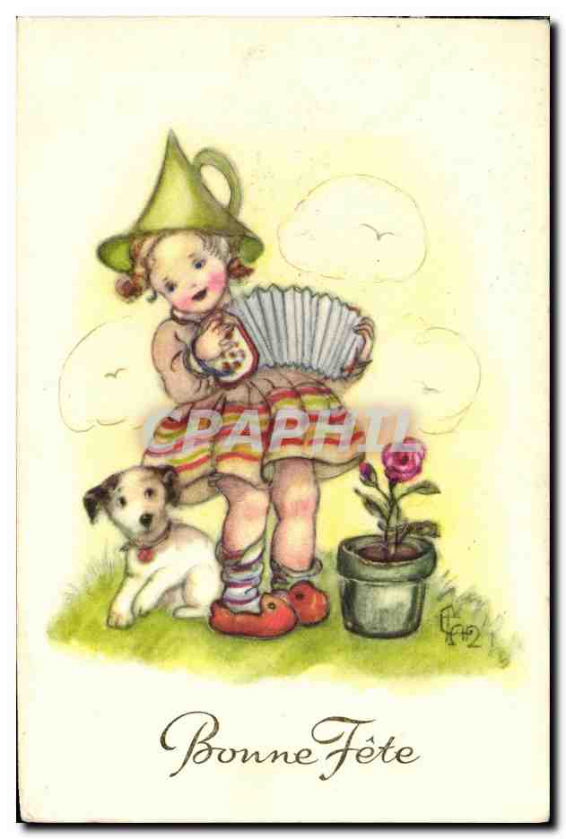 CPA Fantaisie Enfant Accordeon Chien Bonne fete