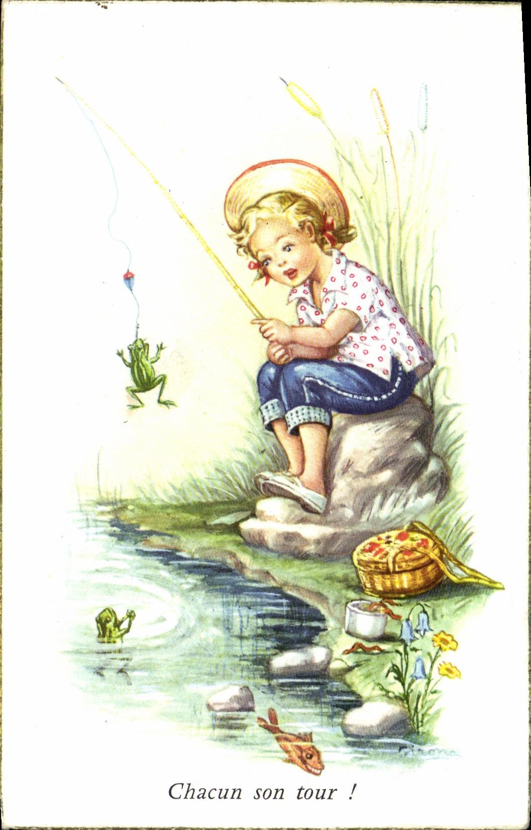 CPA Fantaisie Enfants Peche Chacun son tour Grenouille 