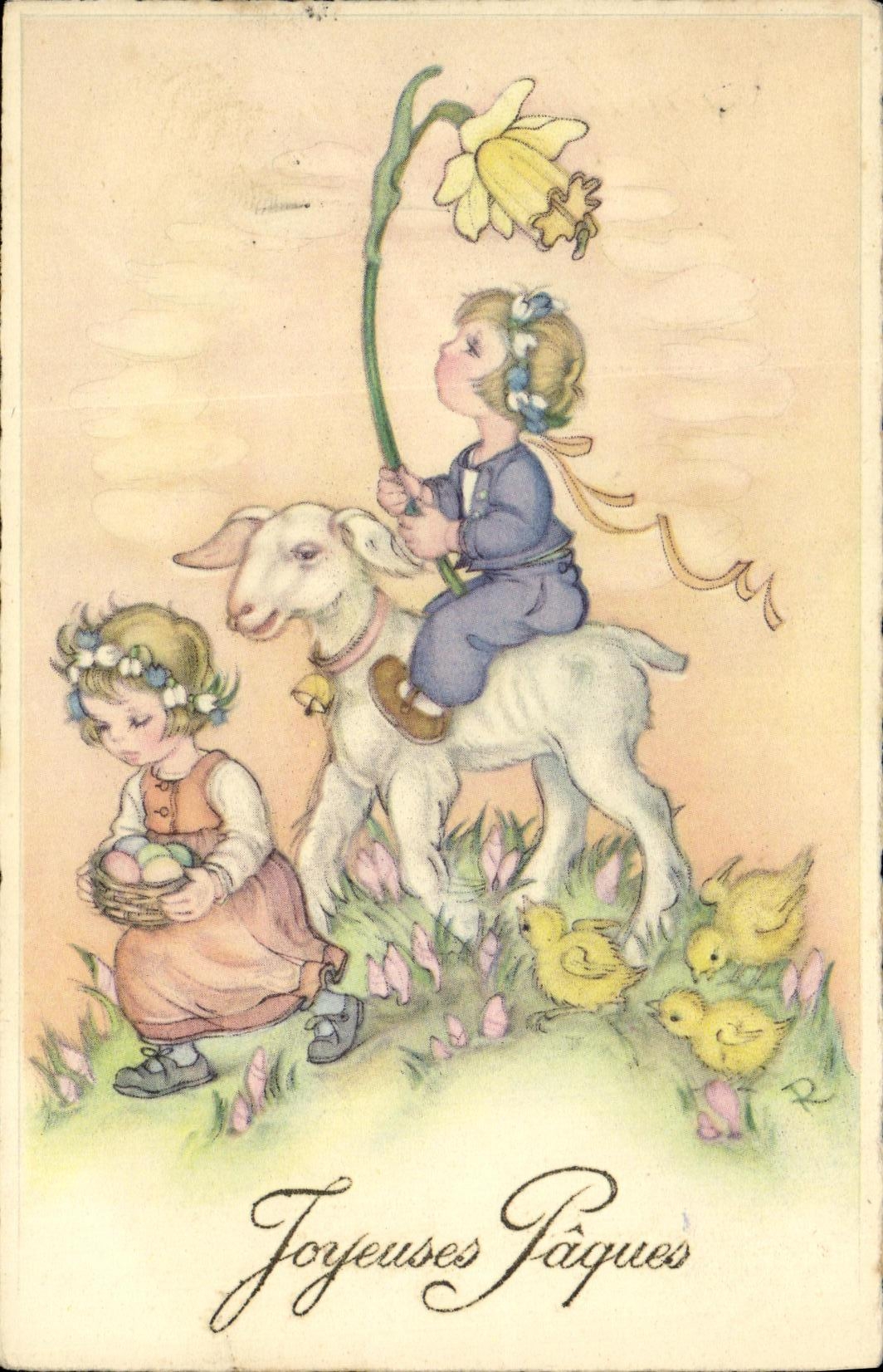 CPA Fantaisie Enfant Chevre Paques 