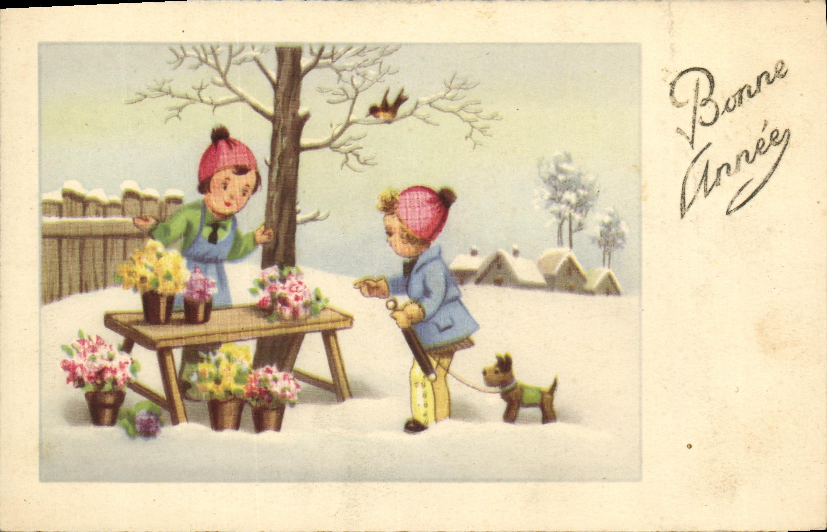 CPA Fantaisie Enfants Bonne annee Chien 