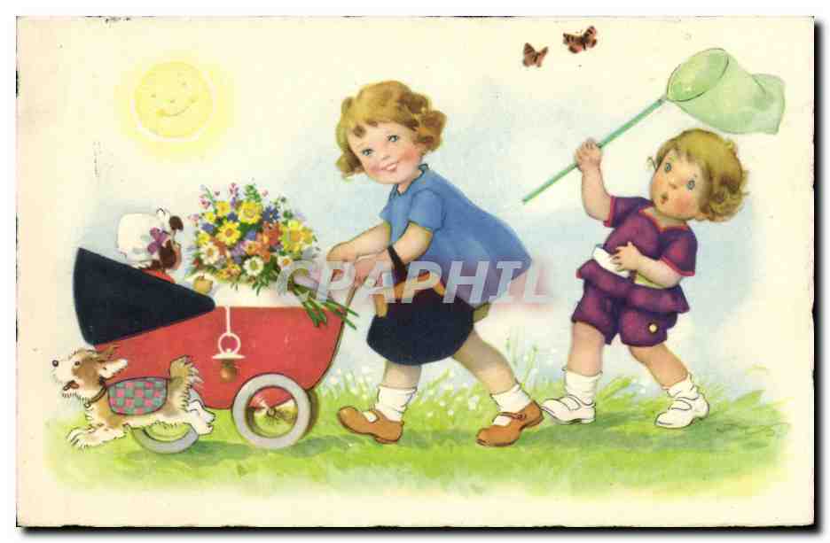 CPA Fantaisie Enfants Papillons Chien Poussette