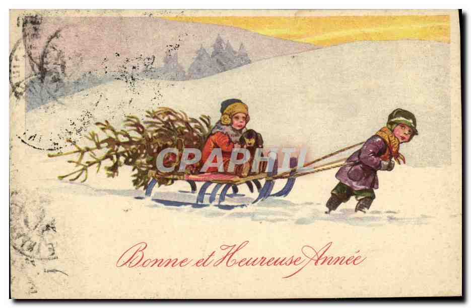 CPA Fantaisie Enfants Traineau Chien SApin 