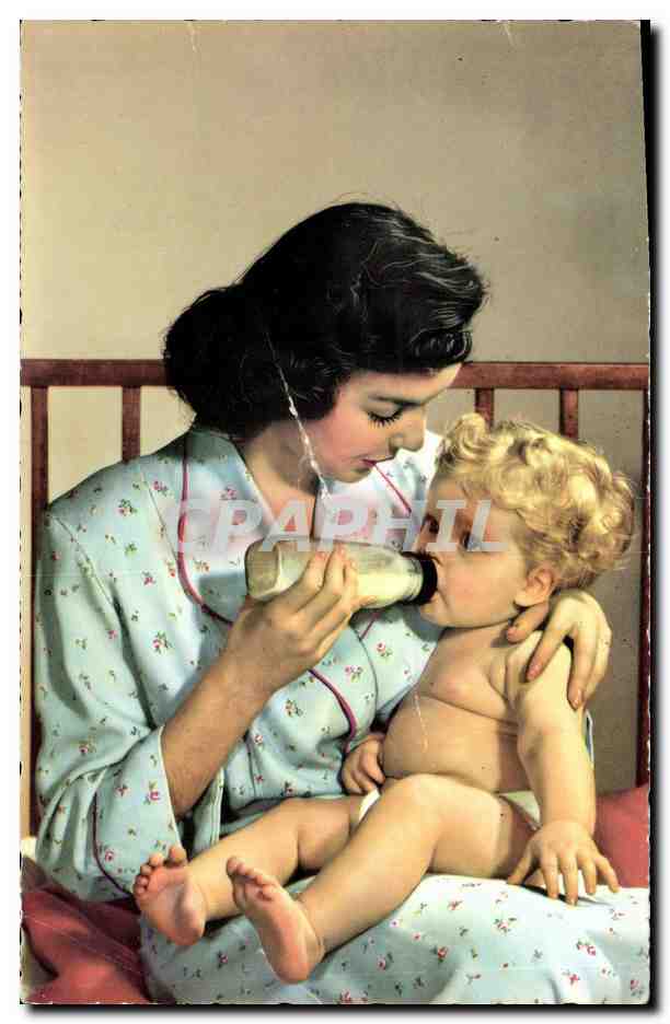 Modern Postcard Fantasy Child and Mother with Bottle