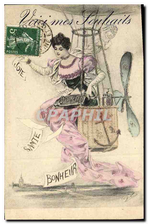 Femme dans un ballon dirigeable — Vœux de santé et bonheur — éditeur non visible
