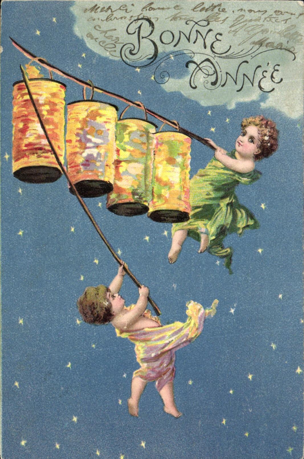 CPA Fantaisie Enfants Anges Lampions Bonne annee