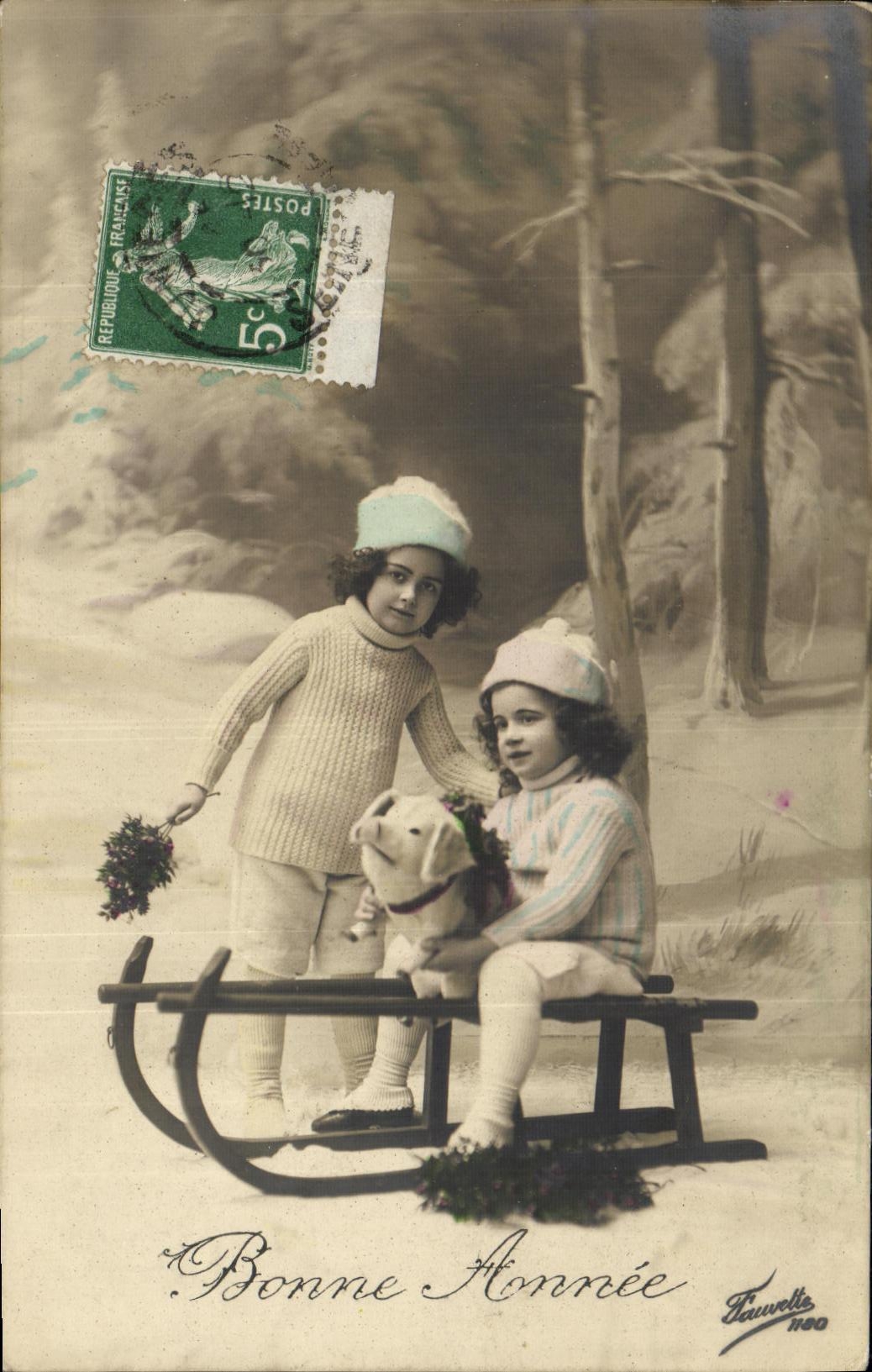 CPA Fantaisie Enfants Bonne annee Luge Cochon 