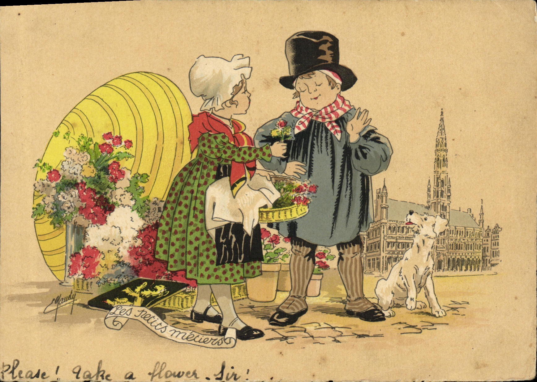 CPA Fantaisie Enfants Les petits metiers Chien La petite fleuriste 