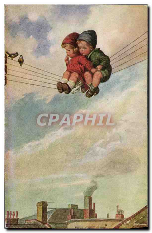 CPA Fantaisie Enfants sur fils telegraphiques 