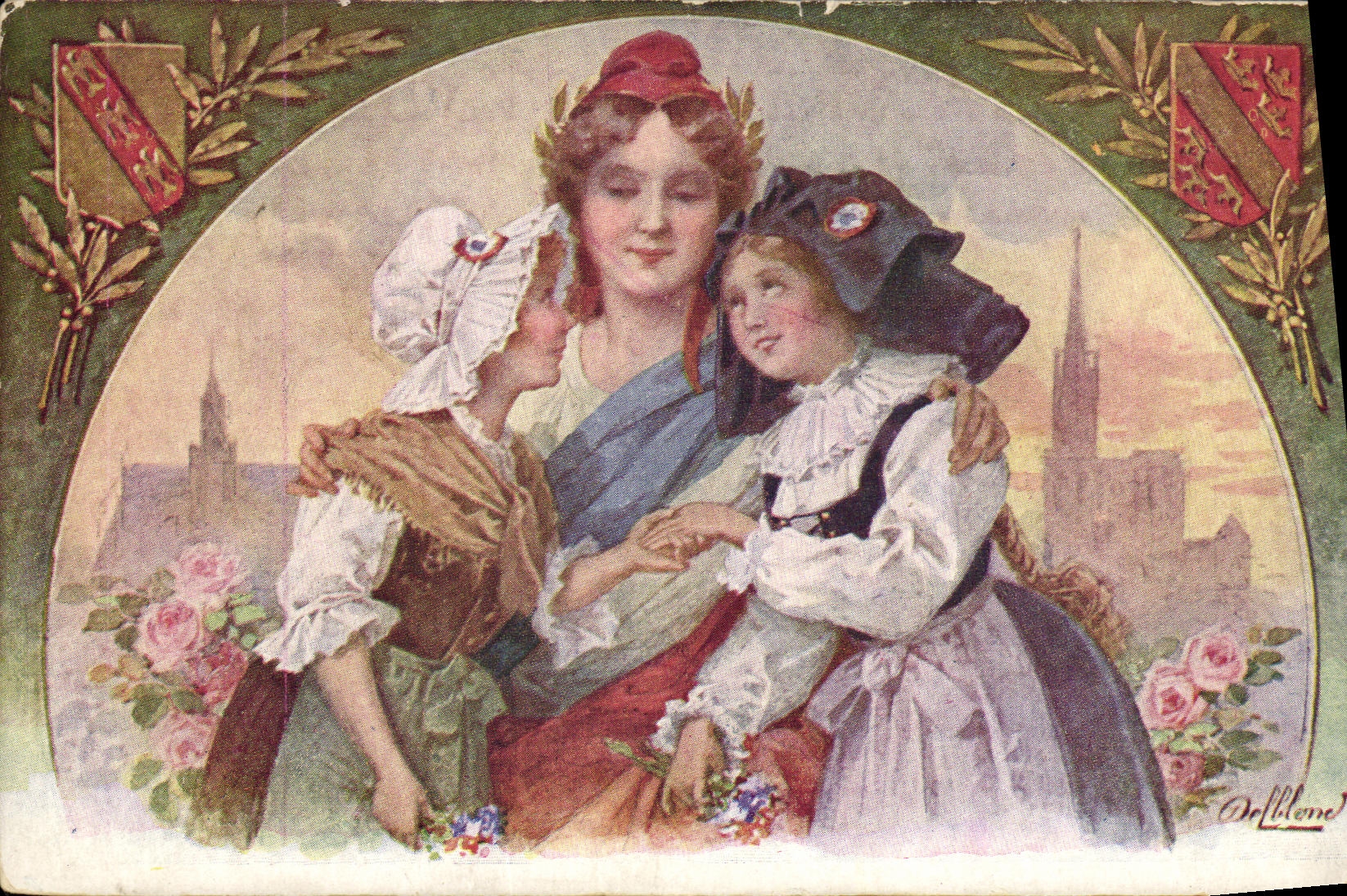 Femme et deux jeunes filles — scène de vie — éditeur Dallblane