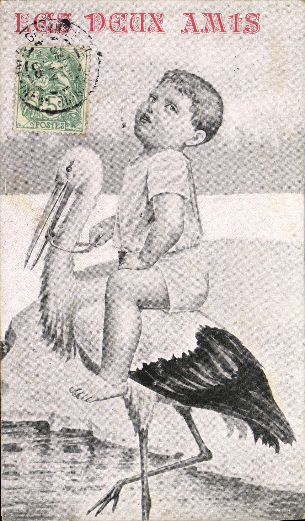 CPA Fantaisie Enfant Les deux amis Cigogne 
