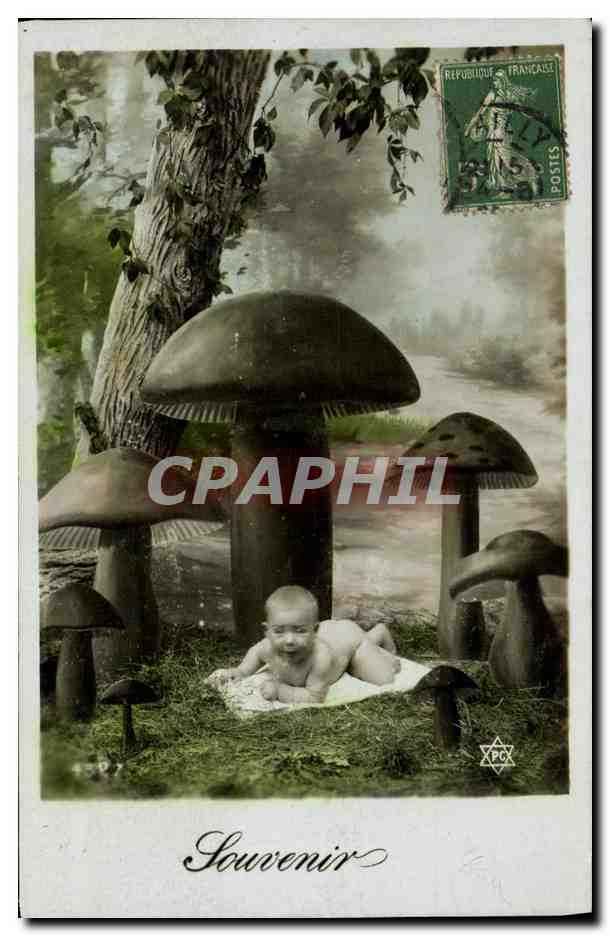 CPA Fantaisie Enfant Bebe Champignons 