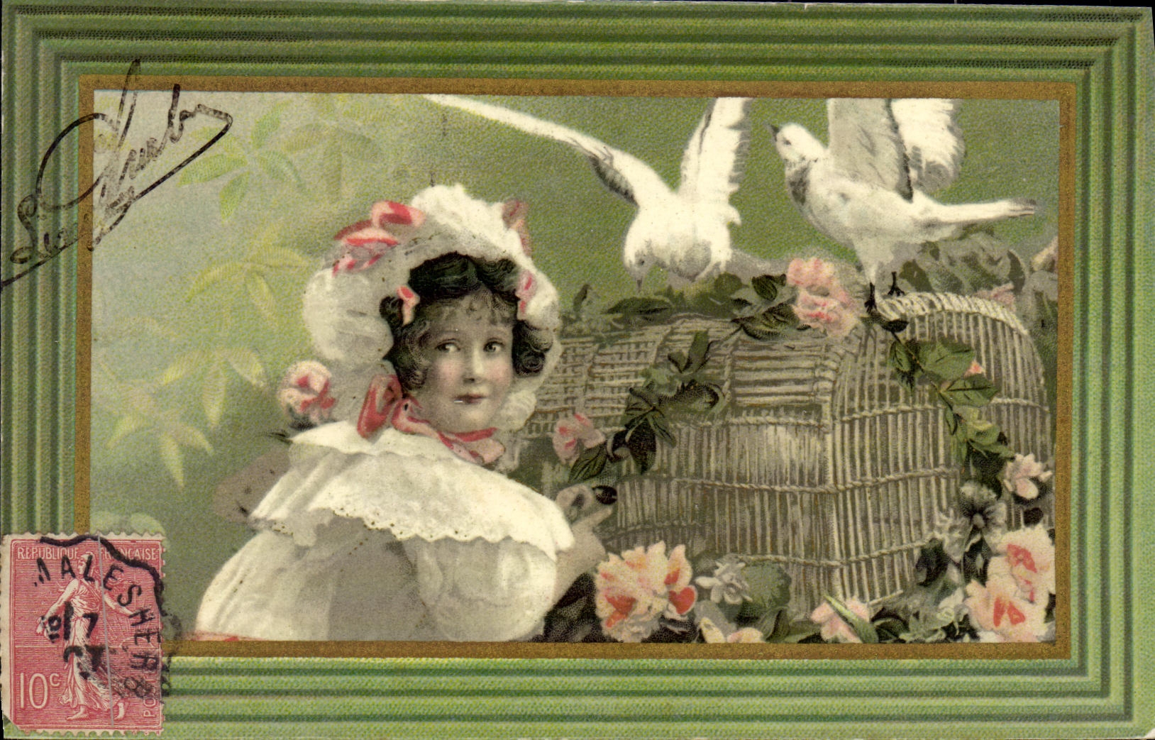 CPA Fantaisie Enfant Oiseau Cage Colombes 