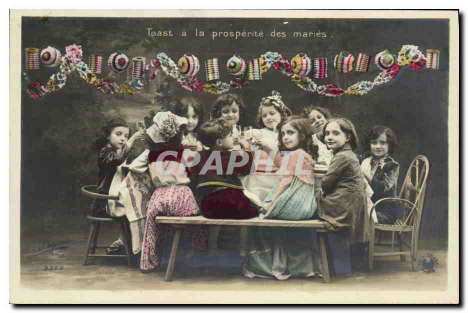 Toast à la prospérité des mariés — scène de jeunes filles avec guirlandes — J. Lajarte, n° 3302