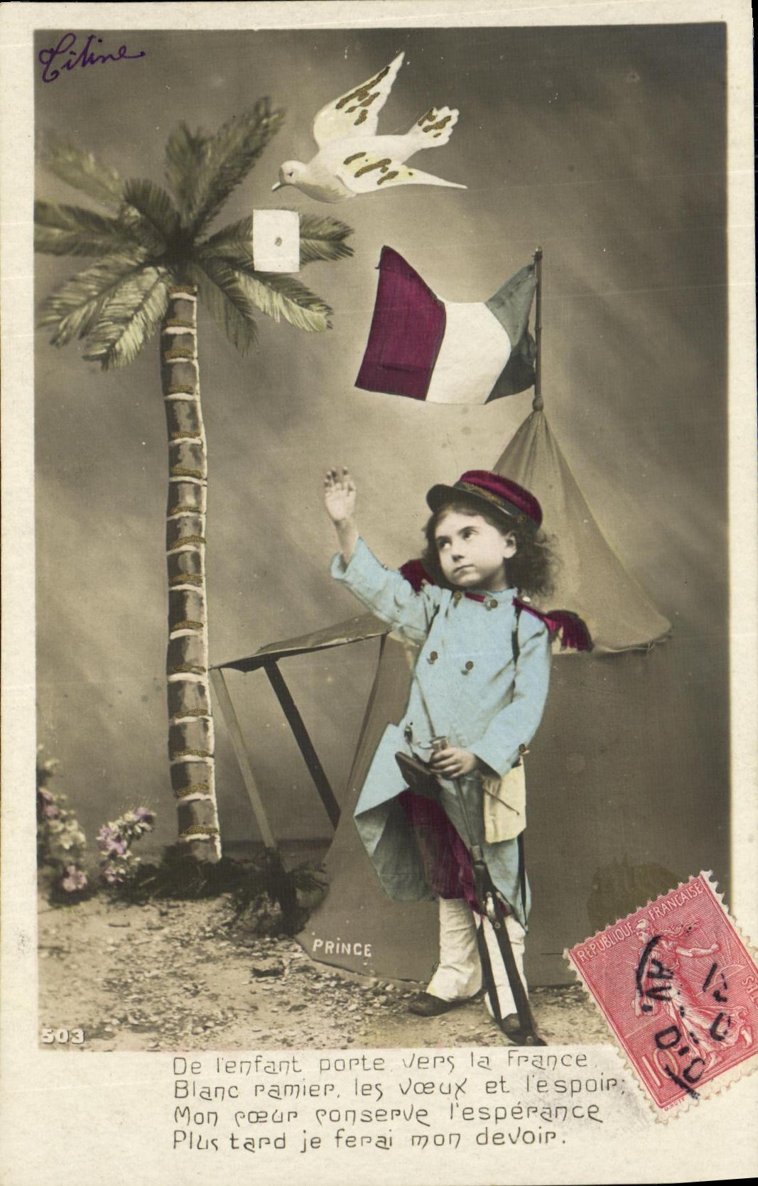 CPA Fantaisie Enfant Militaria Colombe Palmier