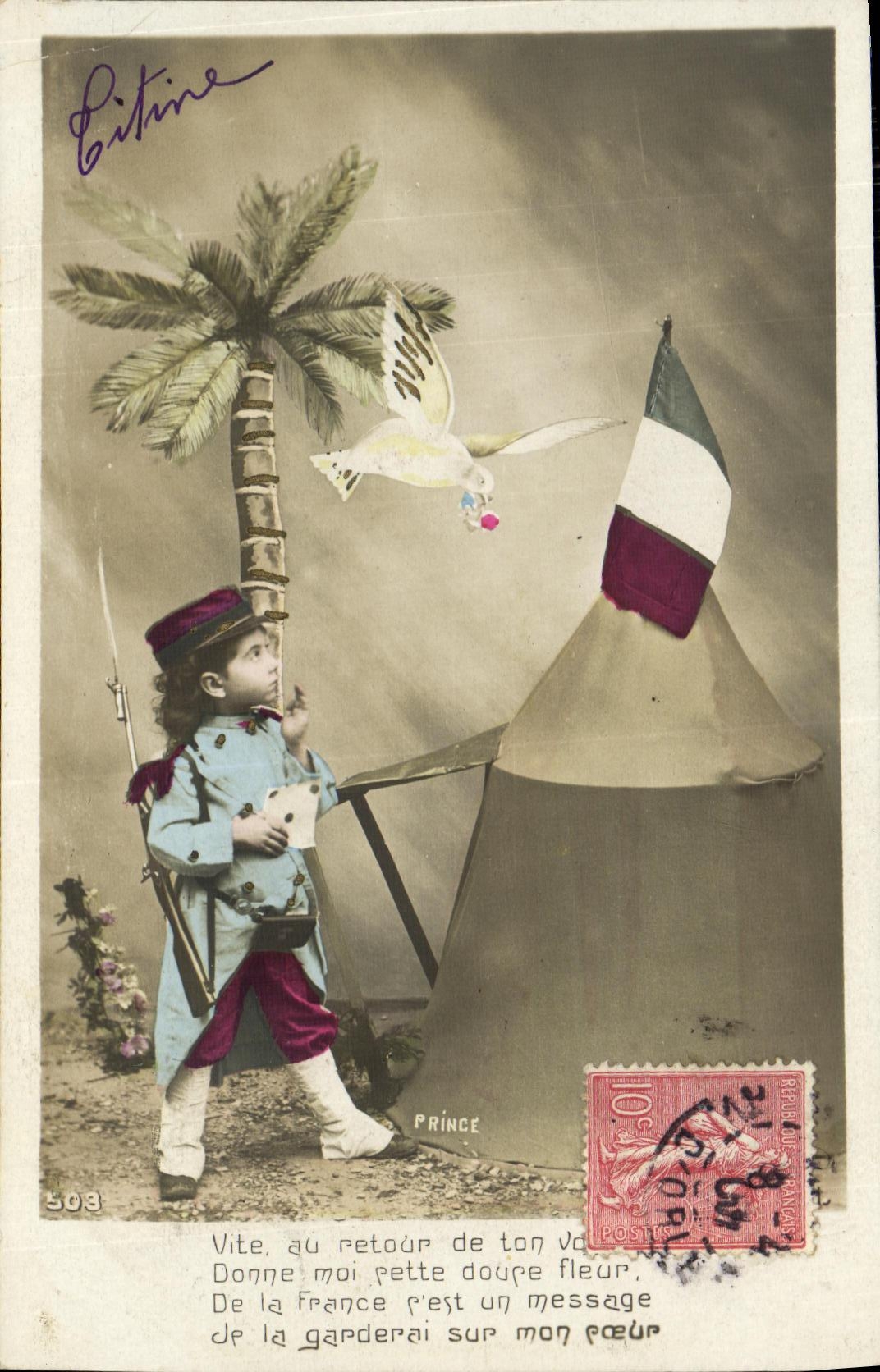 CPA Fantaisie Enfant Colombe Militaria Palmier