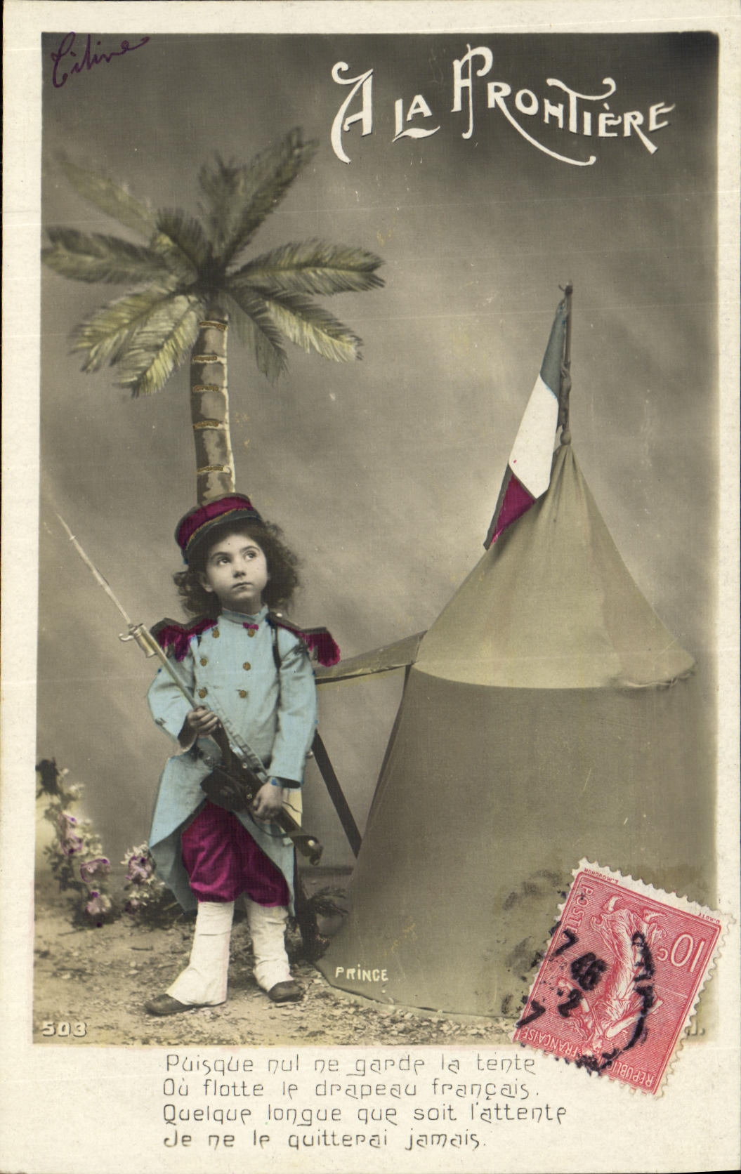 CPA Fantaisie Enfant A la frontiere Colombe Palmier Militaria