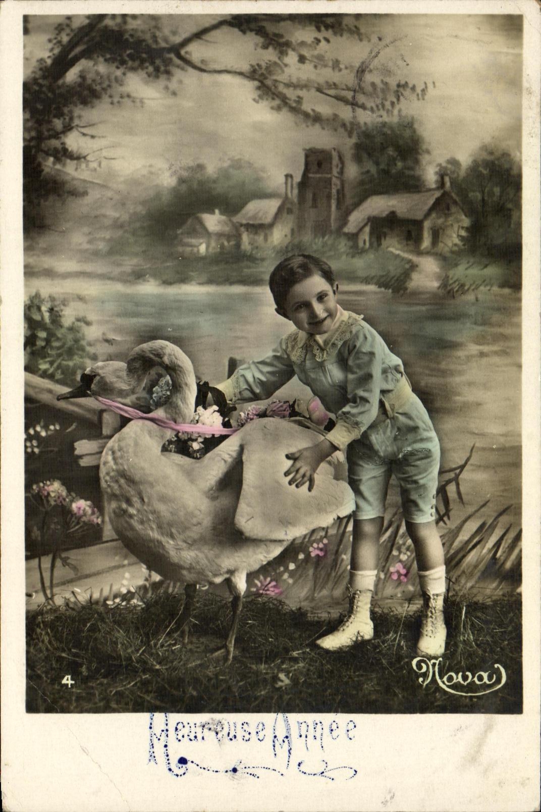 CPA Fantaisie Enfant Cygne Oiseau