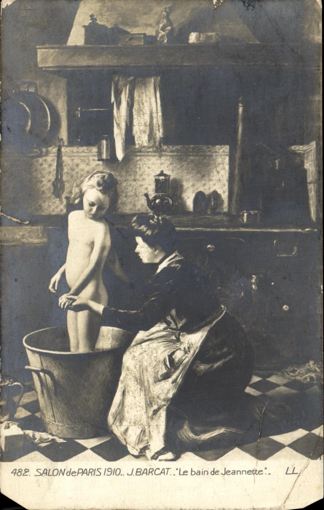 CPA Fantaisie Enfant Salon de 1910 Barcat Le bain de Jeannette