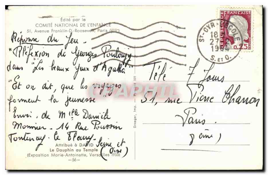 Portrait d'une jeune fille — Exposition Marie-Antoinette, Versailles 1955 — Édité par le Comité National de l'Enfance — Verso