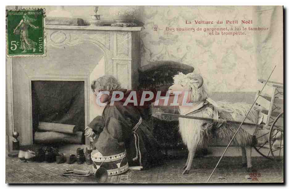 CPA Fantaisie Enfant La voiture du Pere Noel Des souliers de garconnet Chevre Bouc 