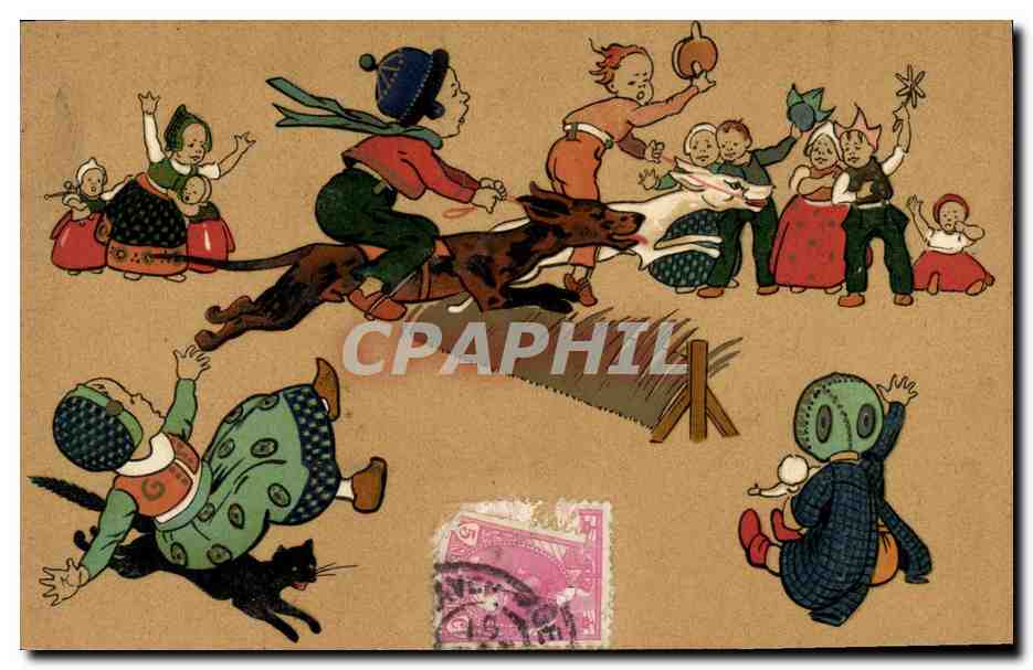 CPA Fantaisie Enfants Course de levriers Folklore Chiens