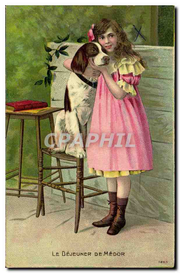 CPA Fantaisie Enfant Le dejeuner de Medor Chien