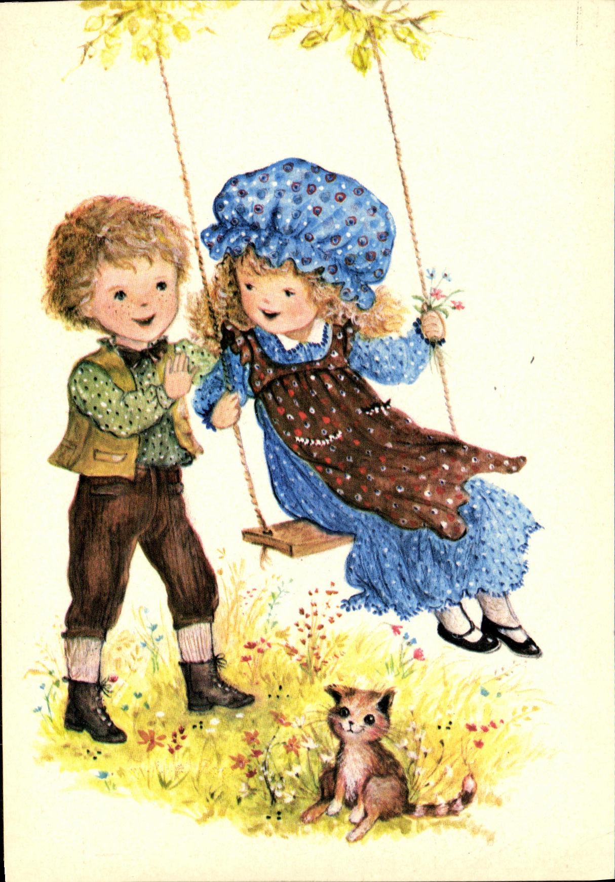 CPM Fantaisie Enfants Balancoire Chat