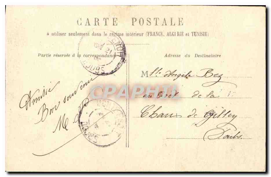 Femme en robe bleue sur balançoire — scène de jardin — éditée par GILLET — Reverso