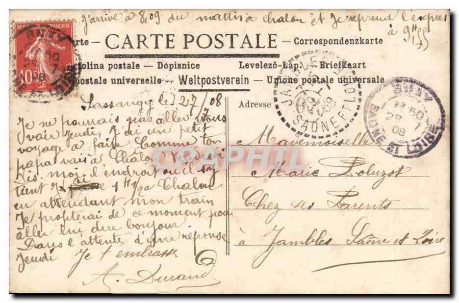 Femme en robe à pois et chapeau orné — De Monti, N°166 — J.Q. — Reverso