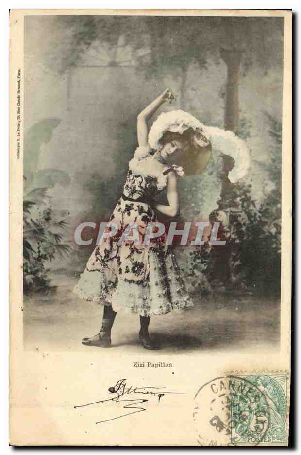 Zizi Papillon — danseuse en robe fleurie et chapeau à plumes — éditée par J. Lévy, 20 Rue Claude Bernard, Paris