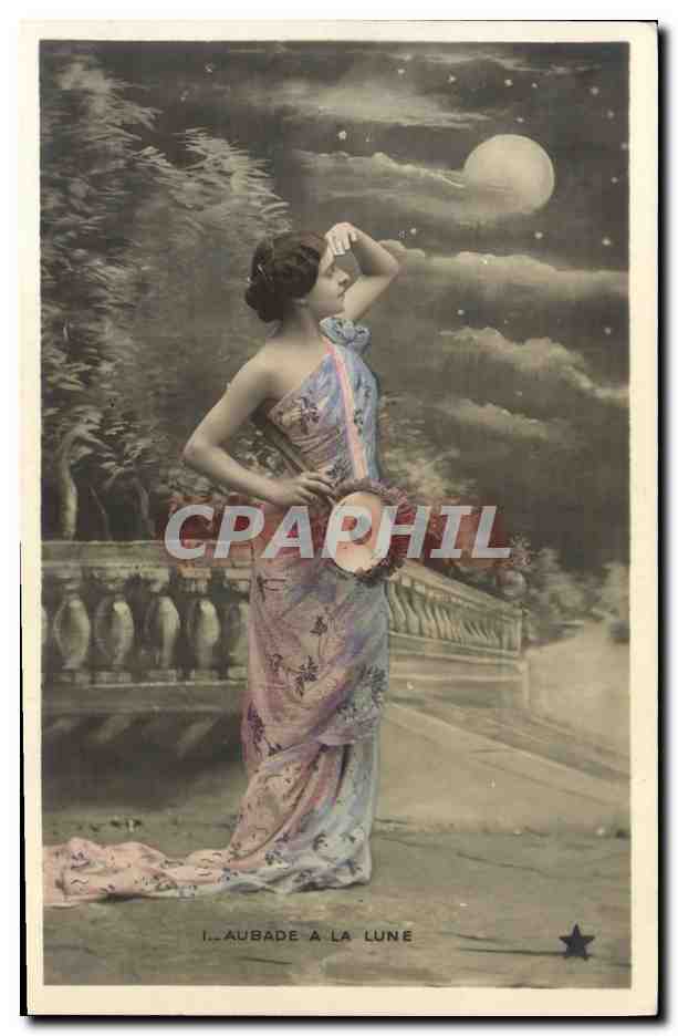 Aubade à la Lune — scène nocturne avec femme en robe — éditeur Série N. 766