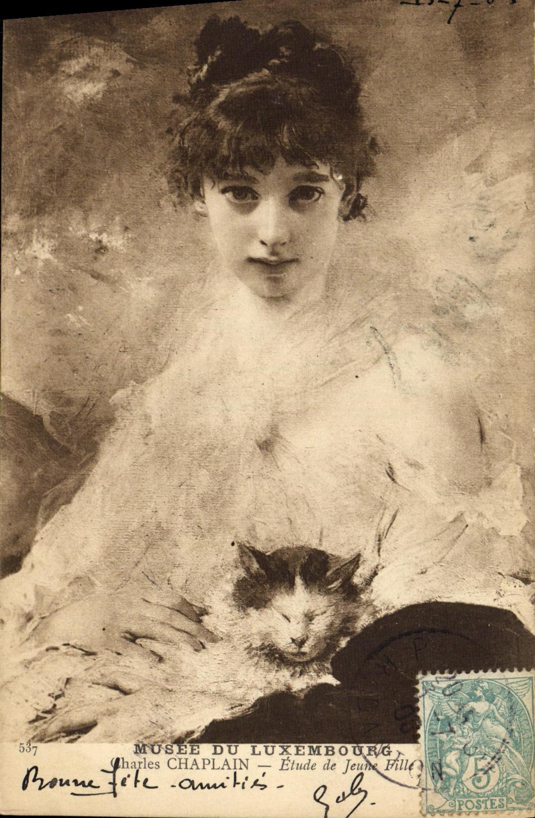 CPA Fantaisie Femme Musee du Luxembourg Charles chaplain Etude de jeune fille Chat