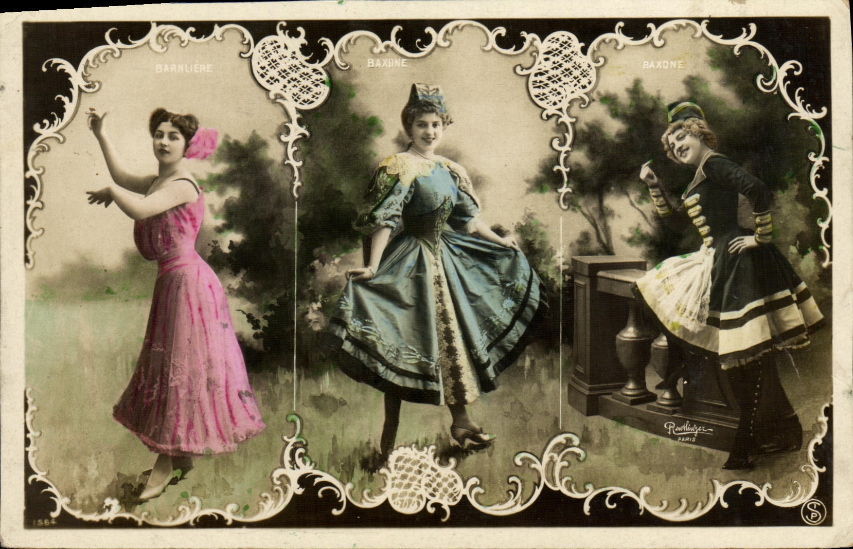 Tres bailarinas en trajes regionales — editor Roulhac, París, n° 1564